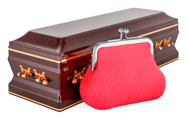Wooden coffin with purse coin, 3D rendering isolated on white background Wooden coffin with purse coin, 3D rendering isolated on white background