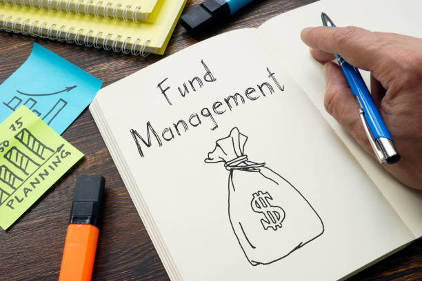 Fund management is shown on a business photo using the text Fund management is shown on a business photo using the text